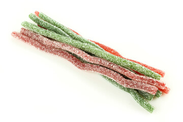 Group of red end green chewy worms isolated on white background. Sugar coated sour candies for kids