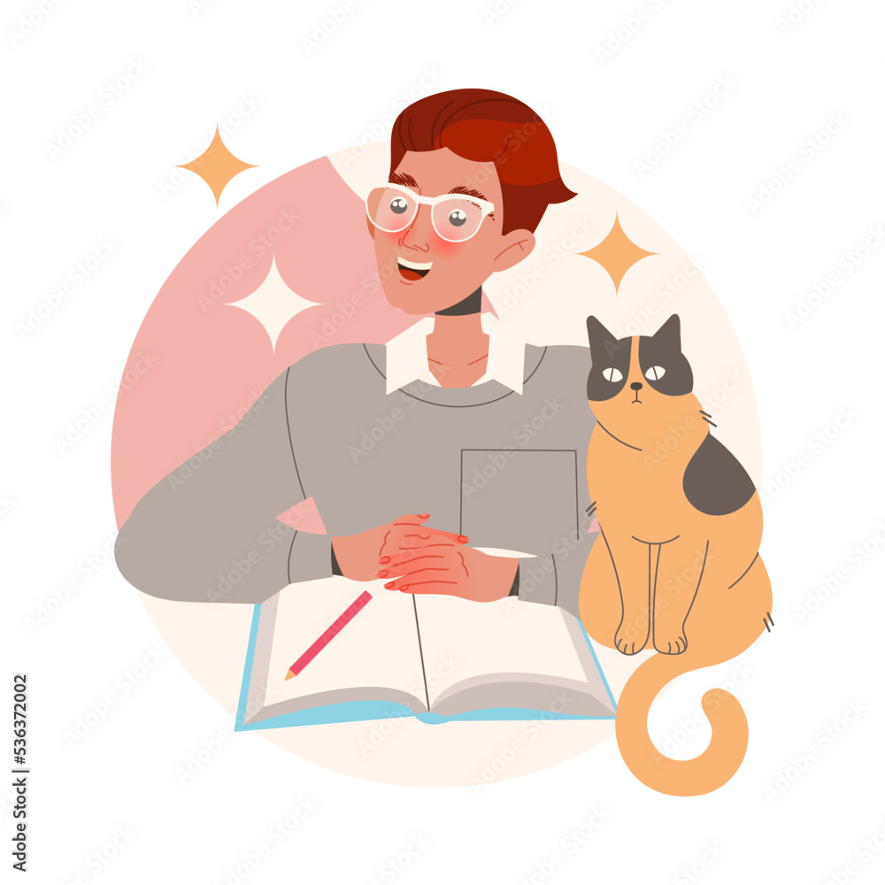 Poster clever man character in glasses learning sitting at desk with open book and cat pet studying vector 