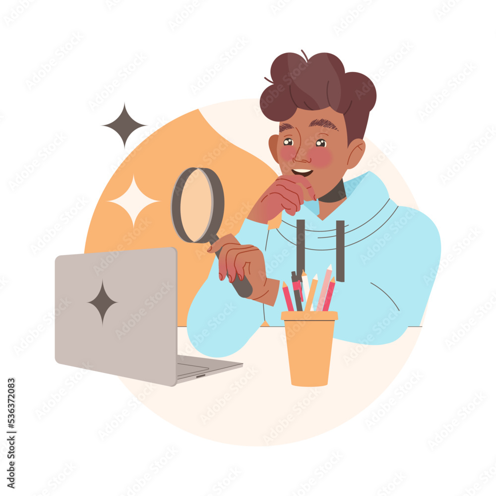 Poster clever man character learning sitting at desk with laptop and magnifying glass studying vector illus