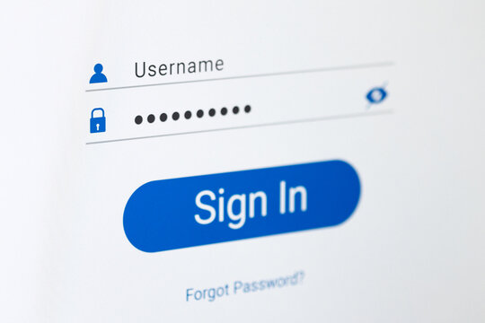 Verification window, username and password fields, password characters in the form of dots, text forgot password. Photo of a computer screen, selective focus.