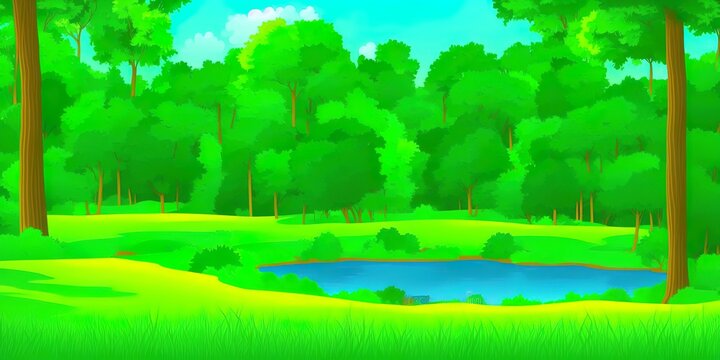Forest glade with lake, trees trunks, green grass and bushes with flowers. Nature scene, deep summer woods or park landscape with pond, Image cartoon illustration. High quality Illustration