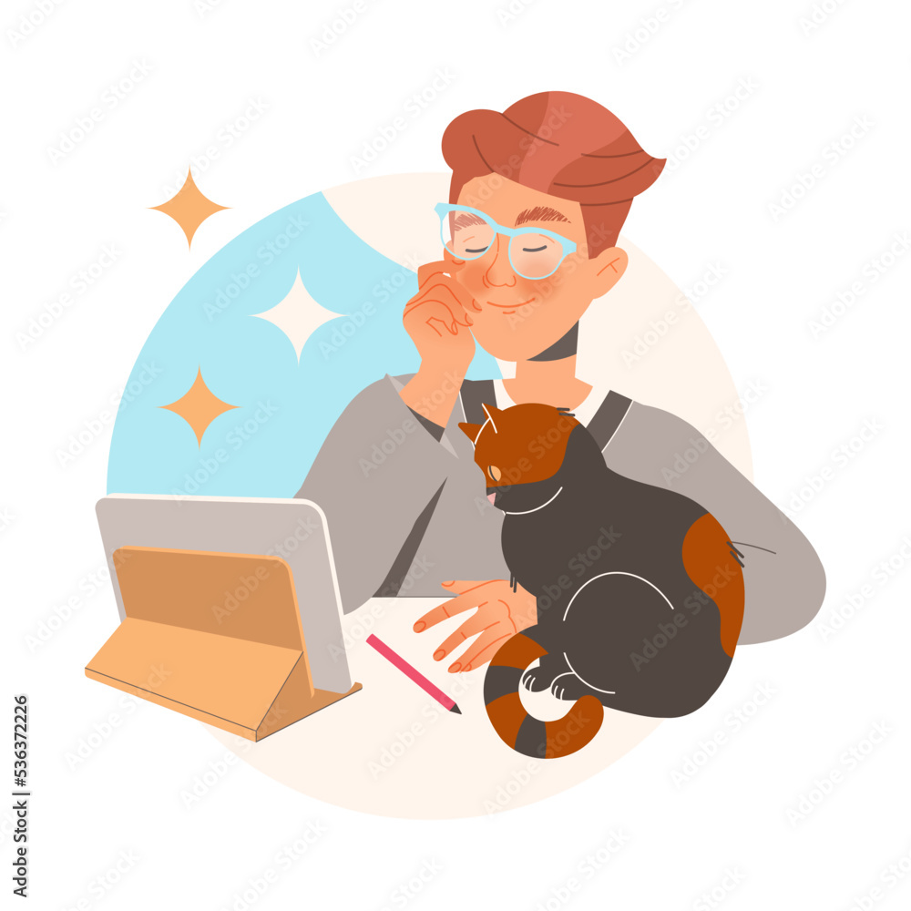 Wall mural Smiling Man Character in Glasses Learning Sitting at Desk with Tablet PC and Cat Pet Studying Vector Illustration