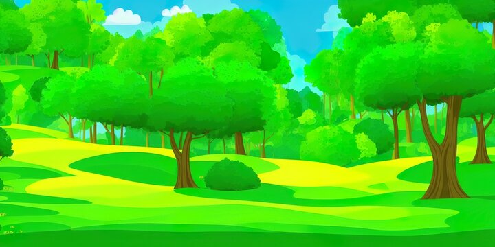 Summer forest panorama with trees and green grass on glade. Image cartoon illustration of deep woods, nature park or garden landscape with green plants, bushes, stones and sunlight. High quality