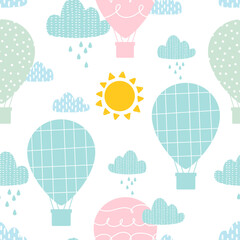 Vector hand-drawn pattern with clouds air balloons sunshine in scandinavian style. Stylish print. For children's wallpaper, printing on fabric.