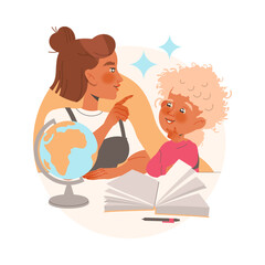 Obraz premium Woman with Kid Learning Geography Sitting at Desk with Open Book and Globe Studying Vector Illustration