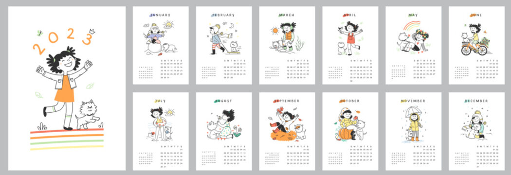 Vertical wall calendar design template for 2023. Set for 12 months. Vector images with cute girl and dog.