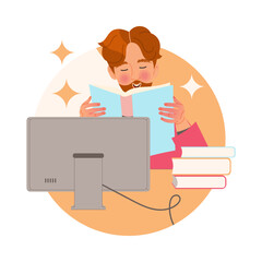 Bearded Man Character Learning Sitting at Desk at Computer and Reading Book Studying Vector Illustration