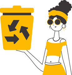 The girl is holding a trash can. Waste recycling concept. Linear style. Isolated on white background. Vector illustration.