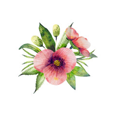 Watercolor hand drawn composition of the pink flowers and leaves. Drawn by hand. For greeting, invitation, cards, banners.