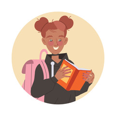 Smiling Girl Teen with Backpack Holding Open Book in Circle Vector Illustration
