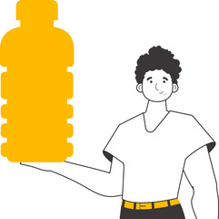 The man is holding a bottle in his hand. Linear style. Isolated on white background. Vector illustration.