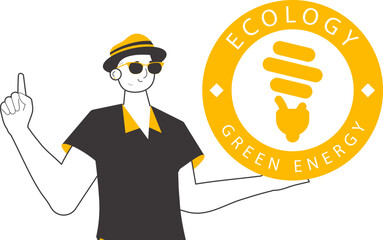 The guy holds the green energy logo in his hand. Linear style. Isolated on white background. Vector illustration.