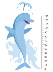 Height measure with growth ruler chart with cute cartoon dolphin animal. Funny kids meter, wall scale from 0 to 130 centimeter to measure growth. Children room wall sticker as interior decor