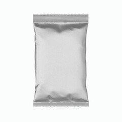Blank  silver metal sachet packet isolated on white. Small pack sachet mockup