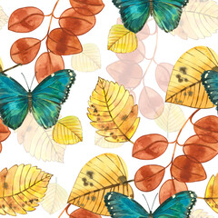 Seamless pattern of watercolor autumn leaves on a white background. The leaves of birch, chestnut, blue butterfly, rosehip berries, acorns. Suitable for printing fabric paper invitations