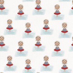 Seamless pattern with girls swimmers on striped swimsuit and swimming circle. Girls on white background.Print for kids design, textile, paper, books, nursing, greeting, school design