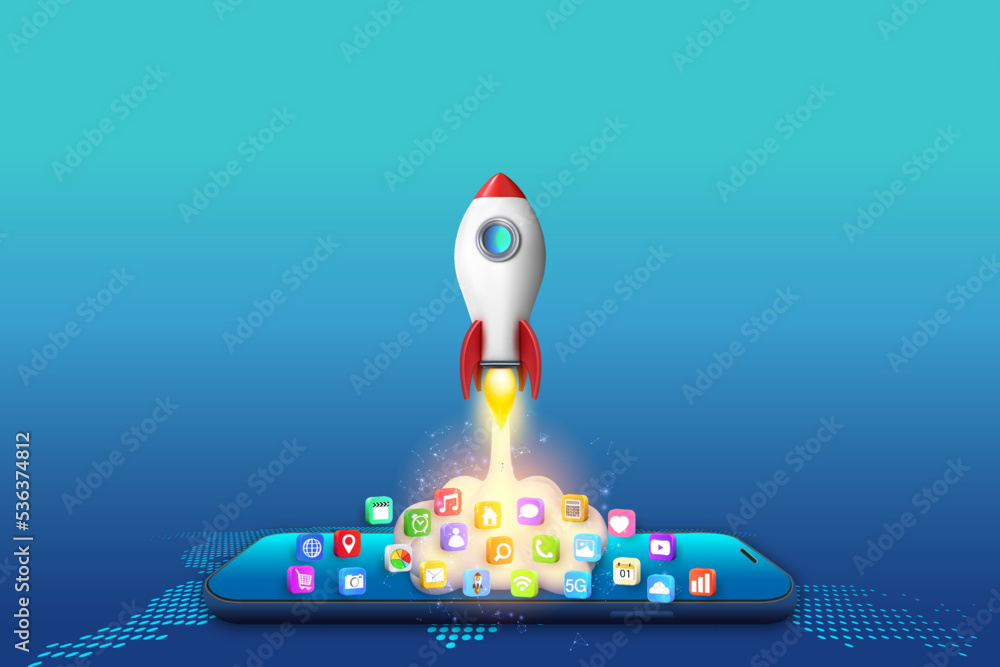 Poster application on mobile, rocket startup on mobile, smartphone with application icons isolated on globa