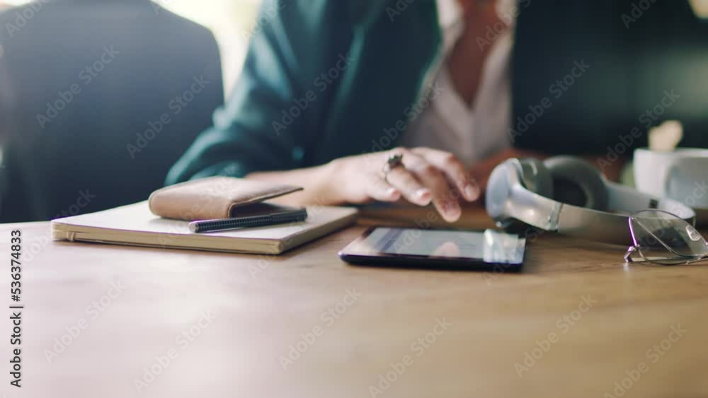 Aufkleber Tablet, planning and web designer working on website for creative marketing company at a desk at work. Hands of a woman on the internet for idea for business on technology at a table in an office