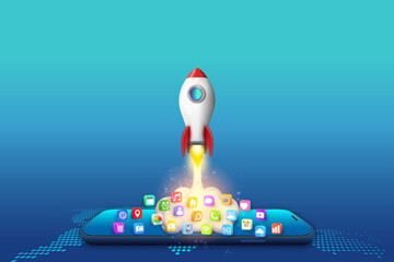 Application on Mobile, rocket startup on mobile, smartphone with application icons isolated on global network background as new technology and communication concept. vector illustration.