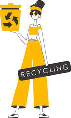 A woman is holding a trash can. Waste recycling concept. Linear style. Isolated on white background. Vector illustration.