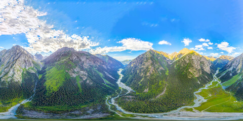 panorama 360 kyrgyzstan Karakol Gorge.View of snowy mountains in summer,fresh water supply in issyk kul region,ecology - obrazy, fototapety, plakaty