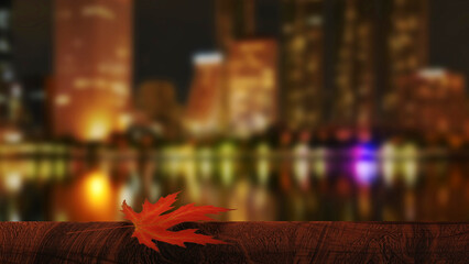 A falling maple leaf on a wooden hand rail with blur colorful lake building in background (3D Rendering)