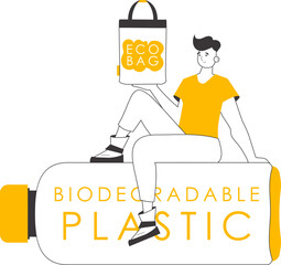 A man holds an eco-package in his hands. Ecology conservation concept. Linear modern style.