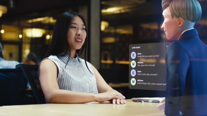 Online video call meeting chat virtual hologram communication of an asian woman with a 3d model of a cartoon character. Advanced technology. VFX. Virtual reality.