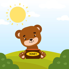 Obraz na płótnie Canvas Baby bear sits and hugs a barrel of honey. On a wooden barrel the inscription Honey. Drawn in cartoon style. Vector illustration for designs, prints, and patterns.