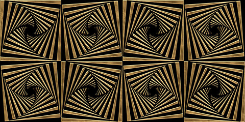 Seamless golden Art Deco palm fans optical illusion pattern. Vintage abstract geometric stripes gold relief on black background. Modern elegant metallic luxury backdrop. High resolution 3D rendering.