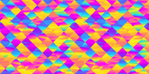 Seamless psychedelic rainbow diamond mosaic pattern background texture. Trippy abstract geometric gradient patchwork checkers in a dopamine dressing style. Bright colorful neon wallpaper backdrop..