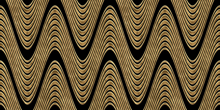 Seamless golden retro wave pattern. Vintage abstract gold plated wavy stripes relief sculpture on black background. Modern elegant metallic luxury backdrop. Maximalist gilded wallpaper 3D rendering.