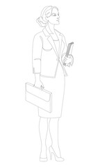 Silhouettes of a girl stands in a modern single line style. Business woman with documents. Continuous line, aesthetic decoration outline, posters, stickers, logo. Vector illustration.