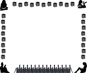 Frame with a border of books and  silhouettes of women and girls reading at the corners