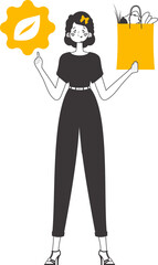 Girl, package with products and eco logo. The concept of reasonable consumption. Lineart trendy style. Isolated on white background. Vector illustration.