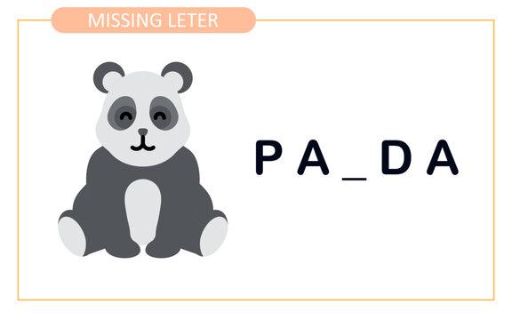Find missing letter with panda spelling. spelling game for kids. activity worksheet for kids.