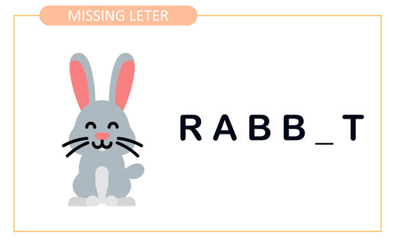 Find missing letter with rabbit spelling. spelling game for kids. activity worksheet for kids.