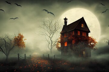 Fototapeta na wymiar Haunted house in a foggy forest, halloween