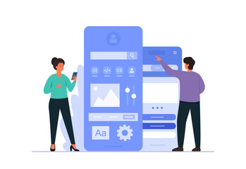 Team characters creates design for a mobile application or web site. User interface, user experience design. Flat vector illustration on white background.