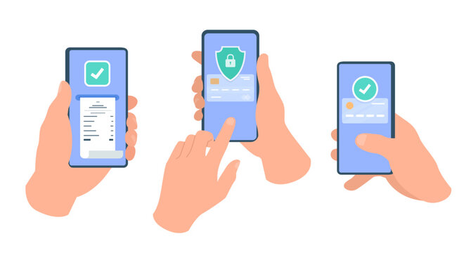 Vector flat illustration of mobile banking and mobile payments. Protection of financial transactions and banking. Online bill paymens. Human hands holding smartphone isolated on white backgroun.