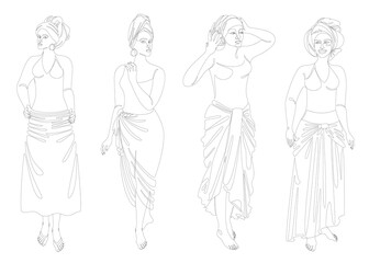 Collection. Silhouette of a beautiful girl. Lady in a turban and national clothes. Woman in modern one line style. Solid line, decor outline, posters, stickers, logo. Vector illustration set.