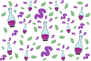 Herbal medicine glass bottle pattern background, Potion shop background, Purple background, Leaf background.