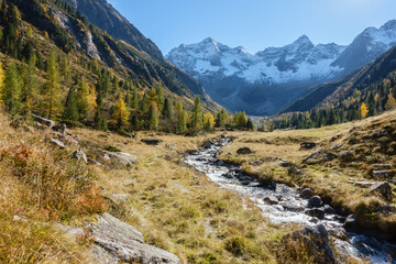 herrliche Herbstlandschaft mit Gebirgsbach und Gletscher im Hintergrund