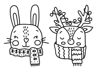 Baby animals set, winter line animals collection, cute animals cartoon vector, thickly clothed pet, adorable pet line vector, minimalist line design