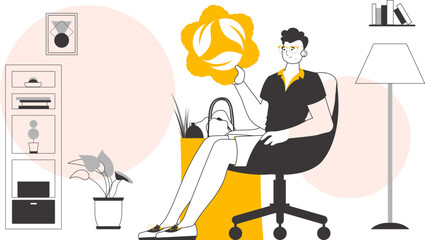 The concept of reasonable consumption. Boy, package with products and eco logo. Lineart trendy style.