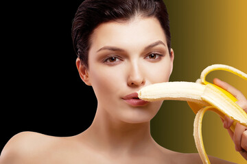 beautiful and sexy woman with a banana in her hand, contatsection, gradient