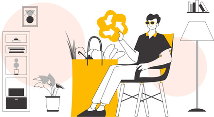 The concept of ecological products. A man, a package with products and an eco logo. Linear modern style.