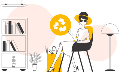 The concept of ecological products. Woman, package with products and eco logo. Linear trendy style.