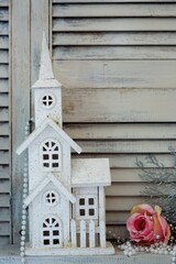 Christmas toys and interior decorations for the holiday. A toy house.