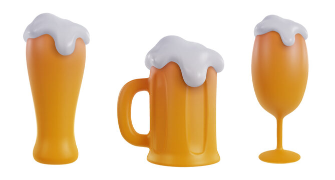 Collection 3d realistic beer glasses various form isolated on white background. Set design elements in modern cartoon style. Vector illustration.